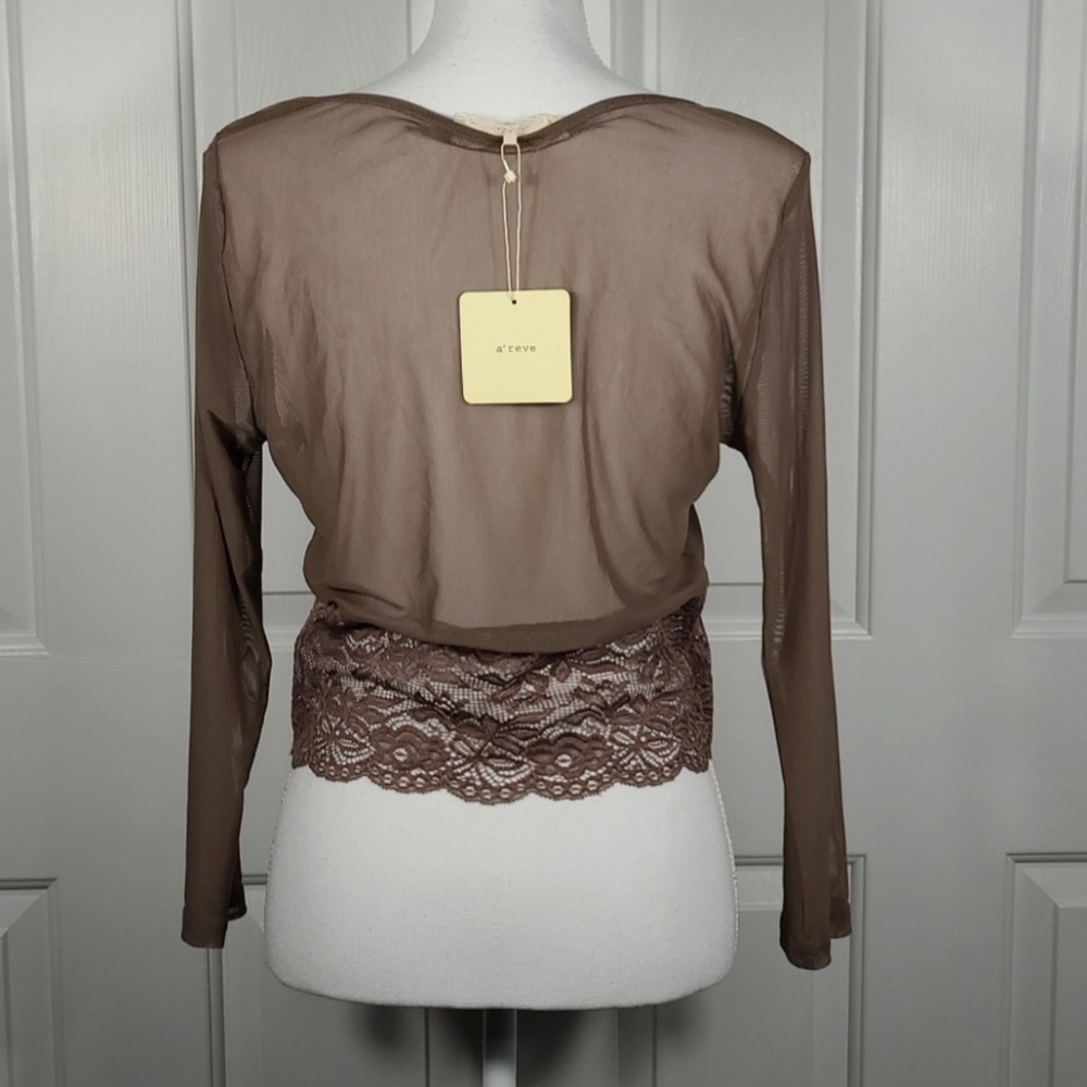 NWT A'reve Lace & Mesh Sheer Stretchy Crop Top in Brown Size Large - Picture 6 of 14